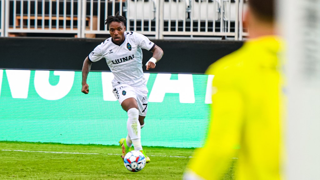 Forward Joe Gyau making a run at the goal on March 16, 2024 at Cashman Field in Las Vegas, Nevada. (RJ Forbus) Courtesy for Las Vegas Lights