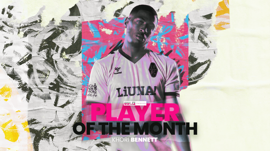 Stylized graphic of Las Vegas Lights FC forward Khori Bennett commemorating his USL Championship Player of the Month honor for June