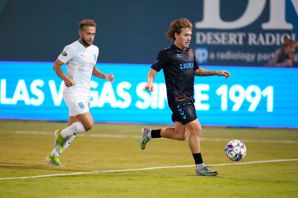 Las Vegas Lights FC forward Coleman Gannon maintaining possession against Monterey Bay FC