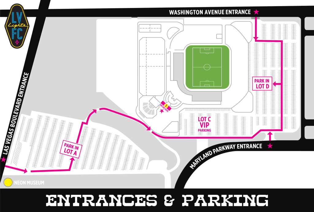 Map describing parking entrances on Las Vegas Blvd, Maryland Parkway, and Washington Avenue at Cashman Field
