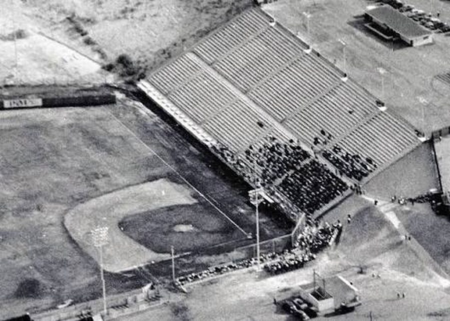 Aerial view of a packed grandstand at the original ballpark