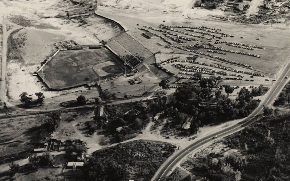 Archival aerial photo of the original wooden Cashman Field, 1940s