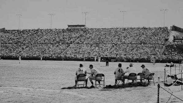 Archival photo of a packed Cashman Field grandstand during a record-attendance game