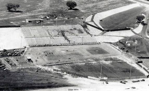 Archival photo of Cashman Field's weathered grandstand in the 1970s
