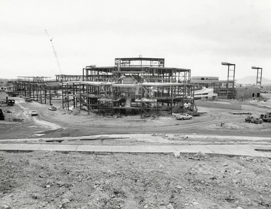 Cashman Field under construction, steel frame rising, early 1980s