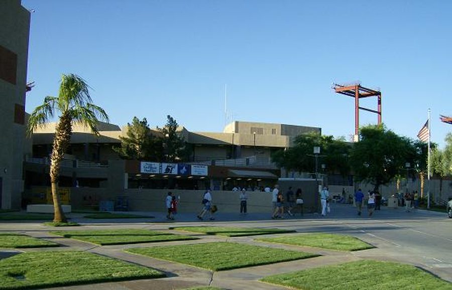 Exterior view of Cashman Field with fans arriving on a game day
