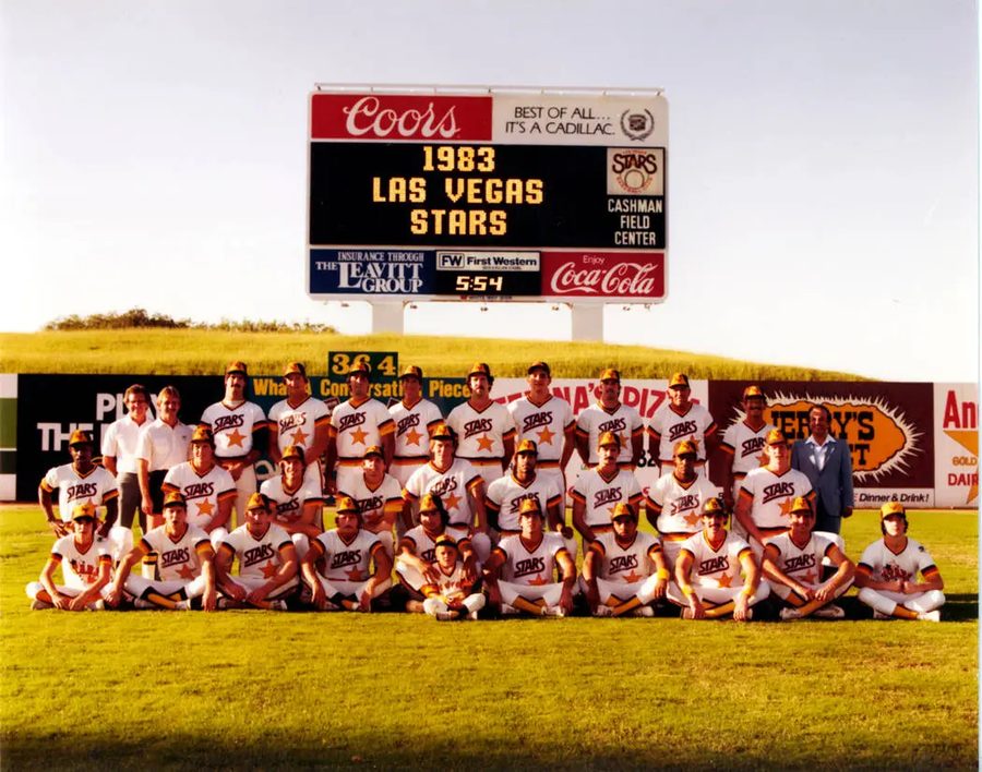 The 1983 Las Vegas Stars pose for the team photo in front of the scoreboard