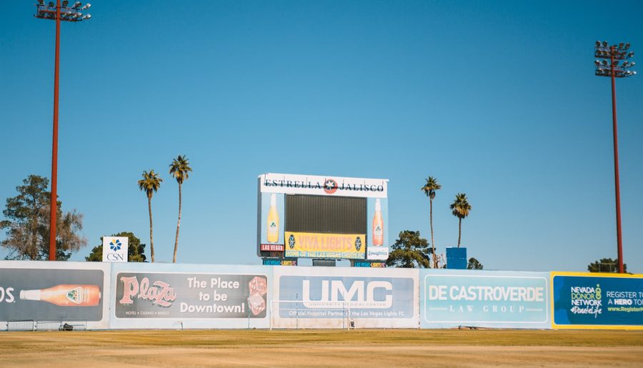 The modern scoreboard reading Viva Lights, home of Las Vegas Lights FC