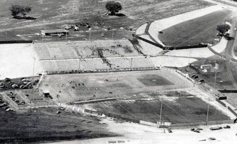 The weathered original wooden grandstand before the 1983 rebuild
